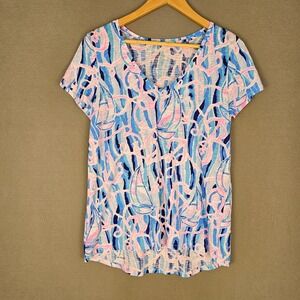 Lilly Pulitzer 100% Cotton VNeck Tee Top Womens M Lightweight Nautical Pink Blue